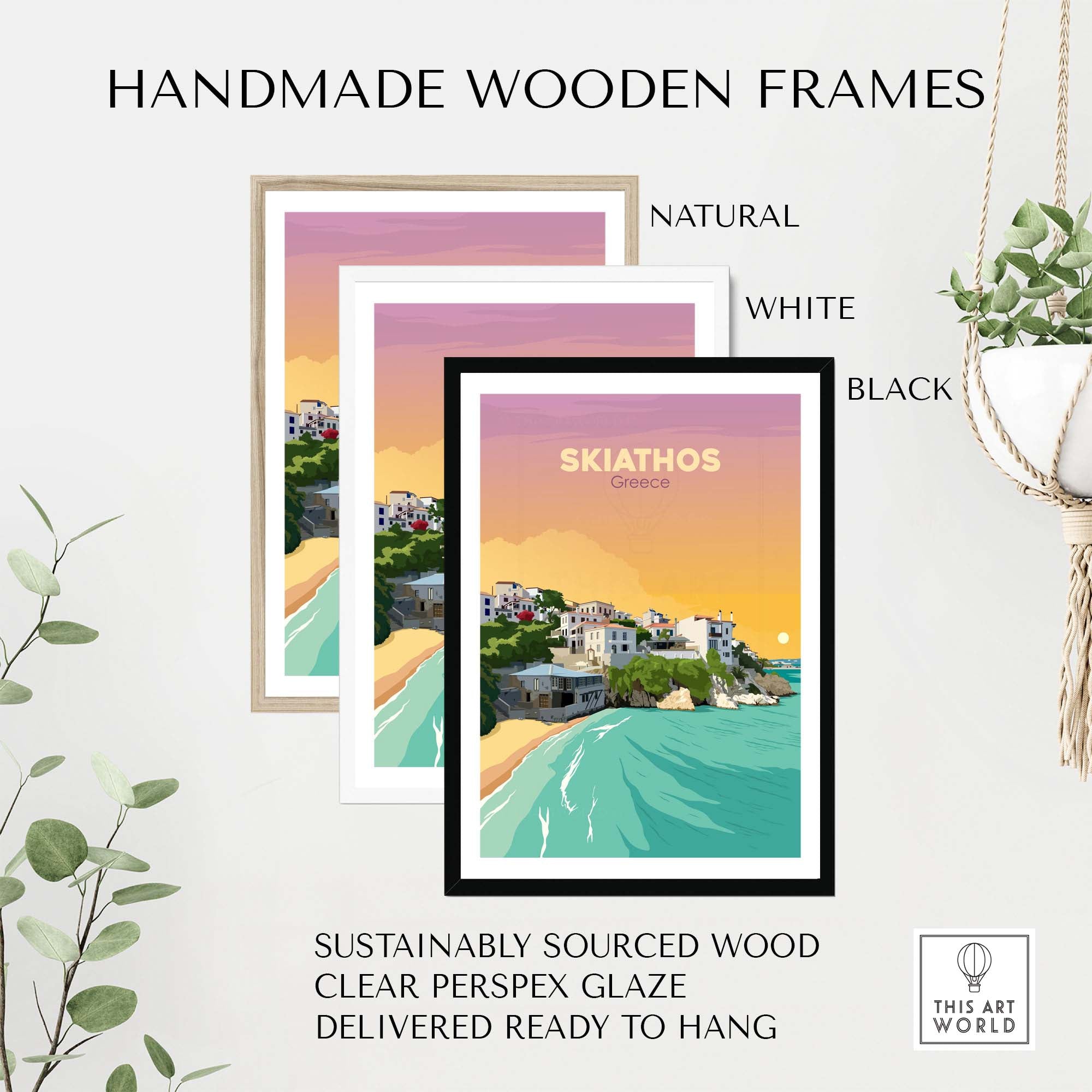 Skiathos travel poster prints displayed in handmade wooden frames: natural, white, and black. Sustainable quality wall art.