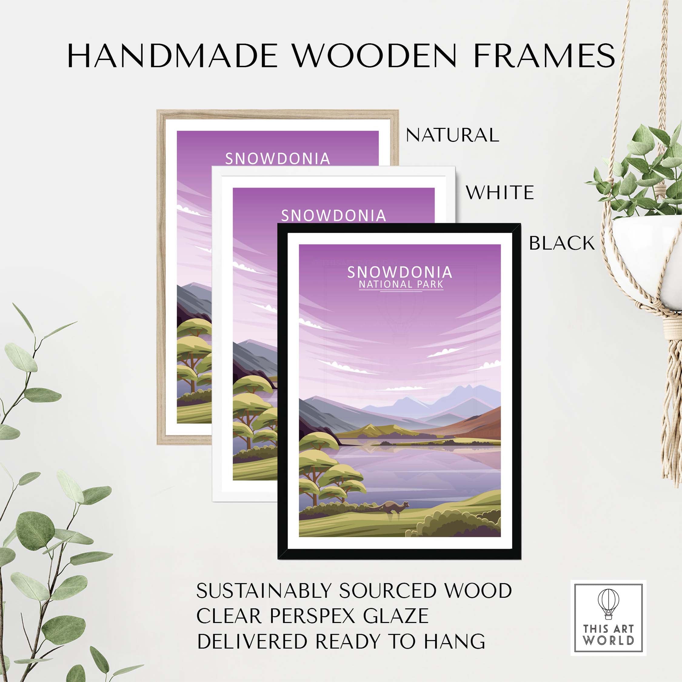 Handmade wooden frames for Snowdonia National Park Poster in natural, white, and black finishes, sustainably sourced and ready to hang.