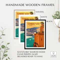 Sorrento Poster Print Wall Art displayed in handmade wooden frames: natural, white, and black options.