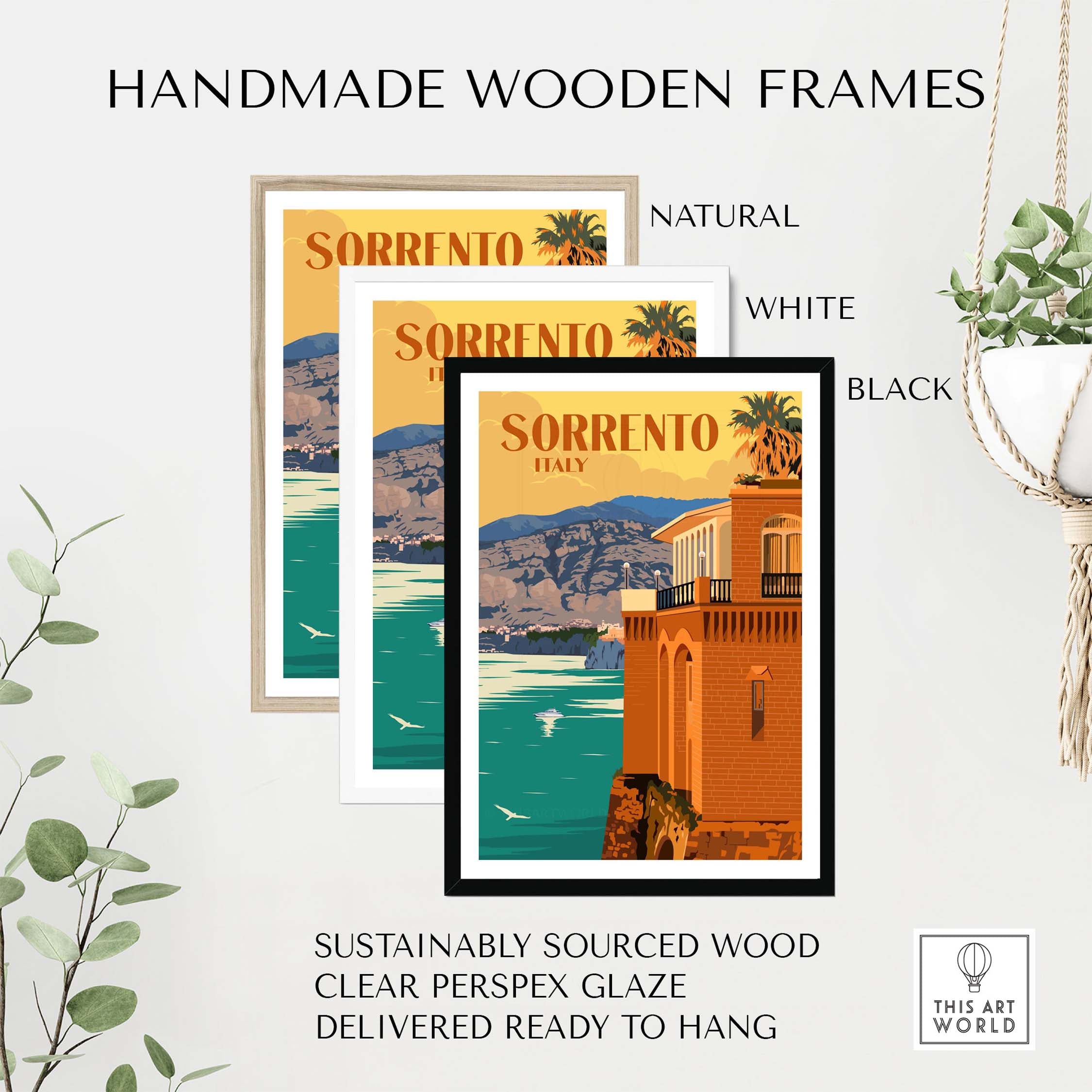 Sorrento Poster Print Wall Art displayed in handmade wooden frames: natural, white, and black options.