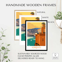 Handmade wooden frames for Sorrento Poster Travel Print in natural, white, and black finishes.
