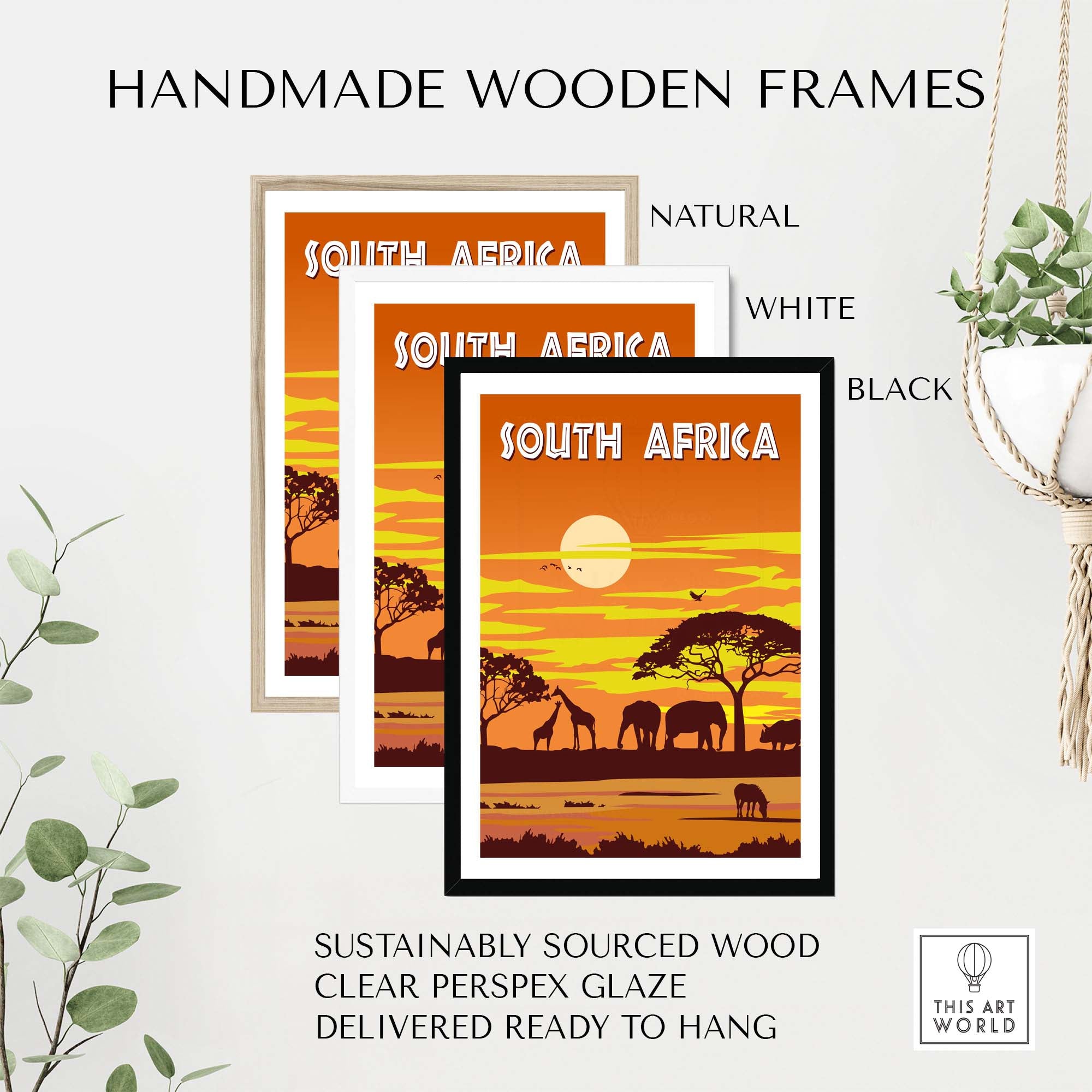 Handmade wooden frames for South Africa poster in natural, white, and black, featuring sustainable materials and ready to hang design.