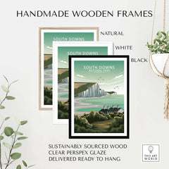 Handmade wooden frames in natural, white, and black for South Downs National Park poster, made from sustainably sourced wood.