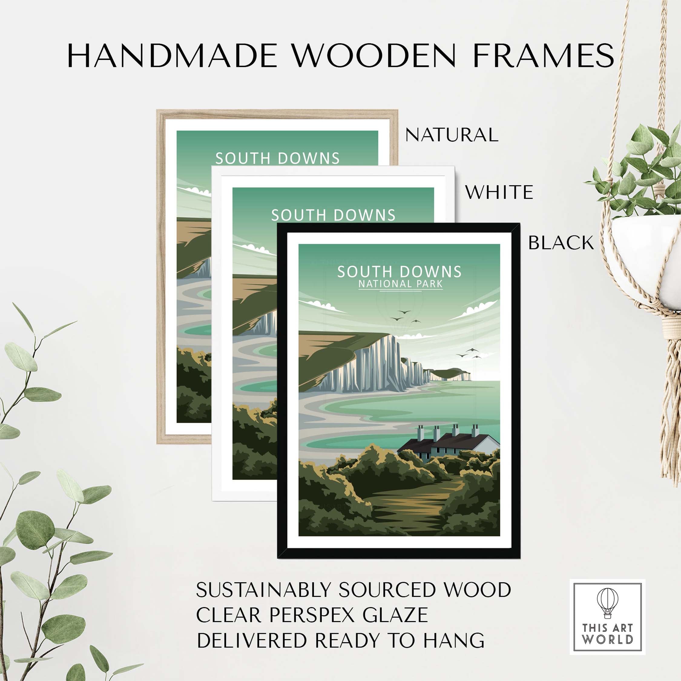 Handmade wooden frames in natural, white, and black for South Downs National Park poster, made from sustainably sourced wood.