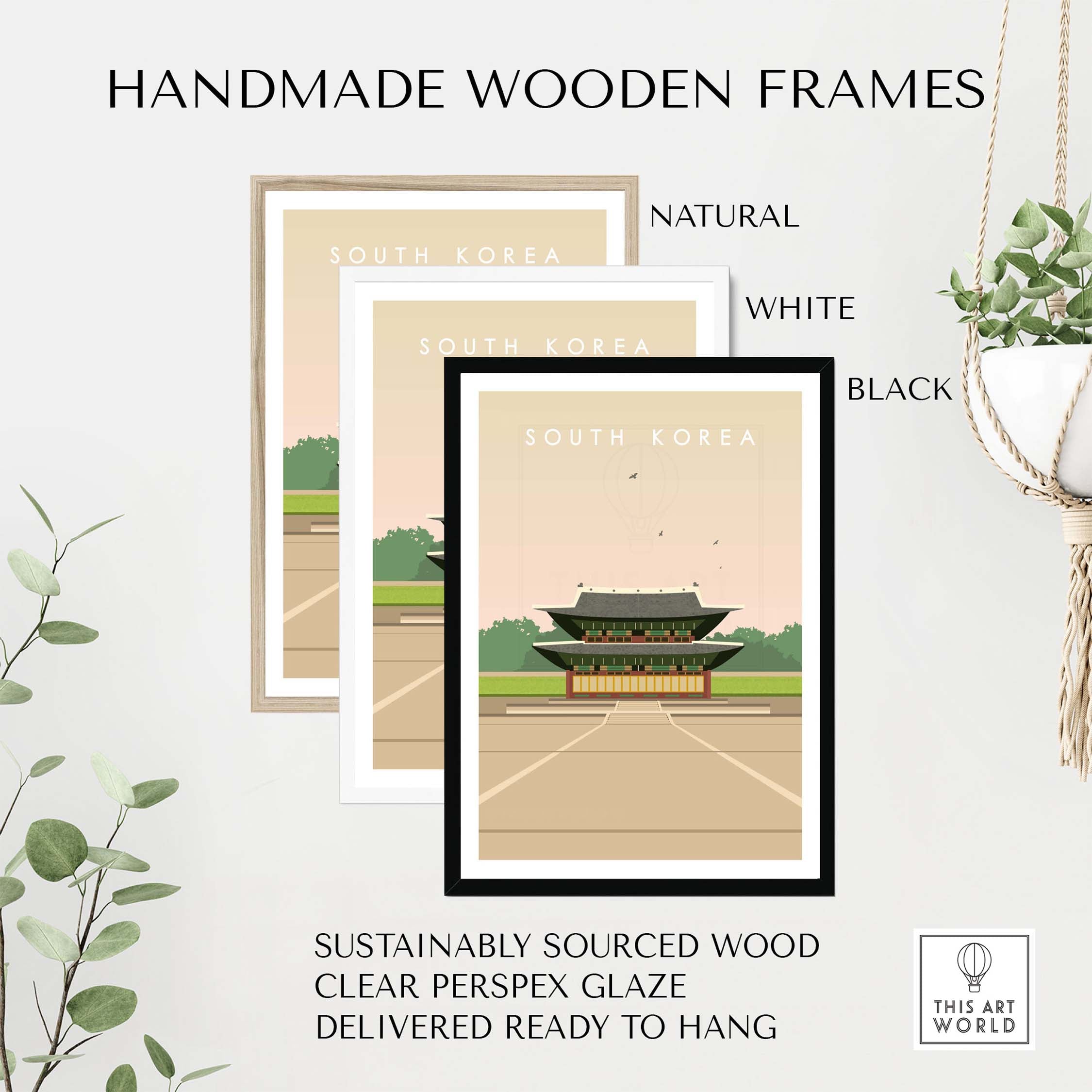 Handmade wooden frames for South Korea poster prints in natural, white, and black finishes, sustainably sourced and ready to hang.