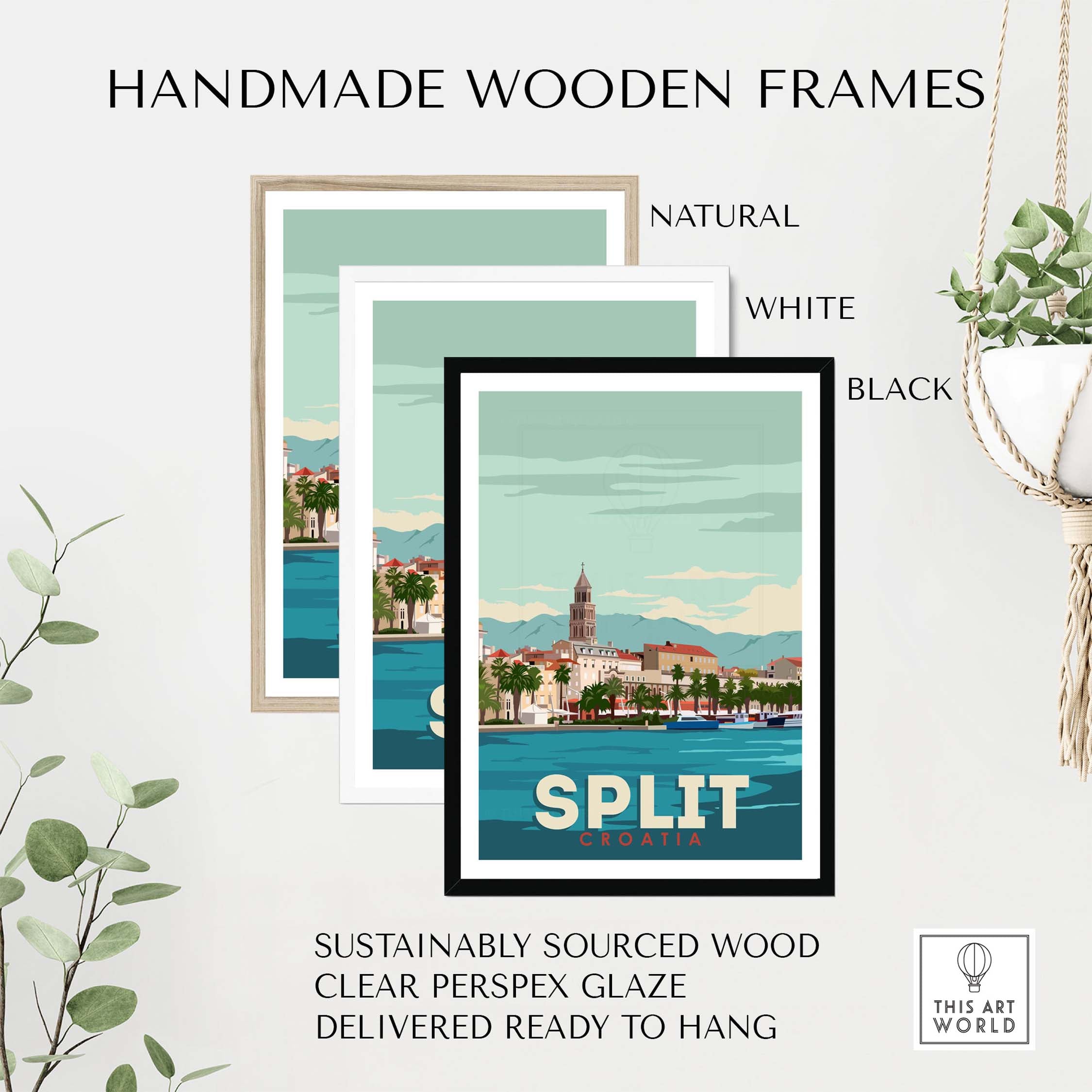 Split Croatia Print Poster in handmade frames: natural, white, and black options.
