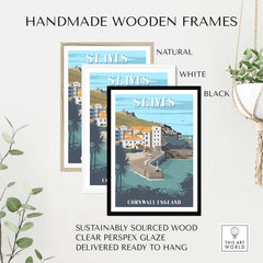 Handmade wooden frames in natural, white, and black options for St Ives Cornwall print, sustainably sourced for stylish decor.