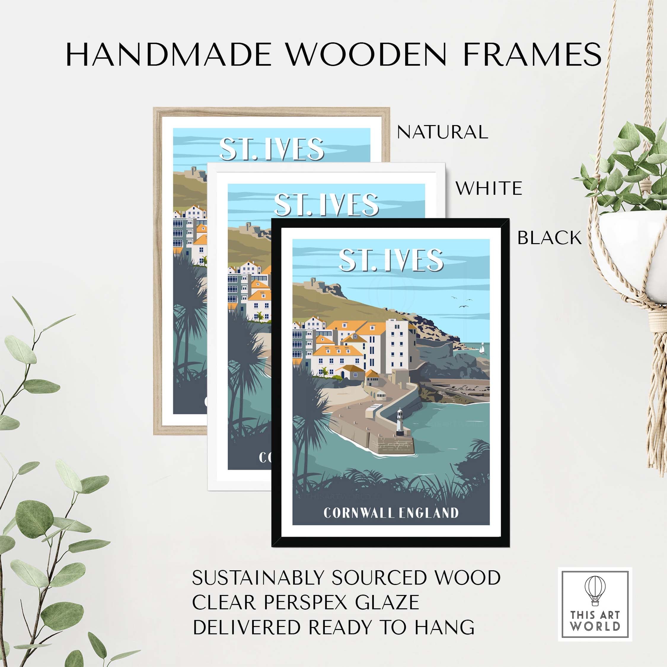 Handmade wooden frames in natural, white, and black options for St Ives Cornwall print, sustainably sourced for stylish decor.