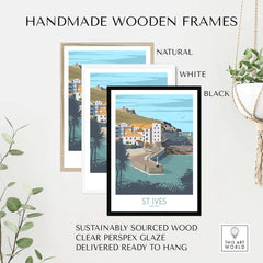 Handmade wooden frames for St Ives print in natural, white, and black options, designed for easy hanging.