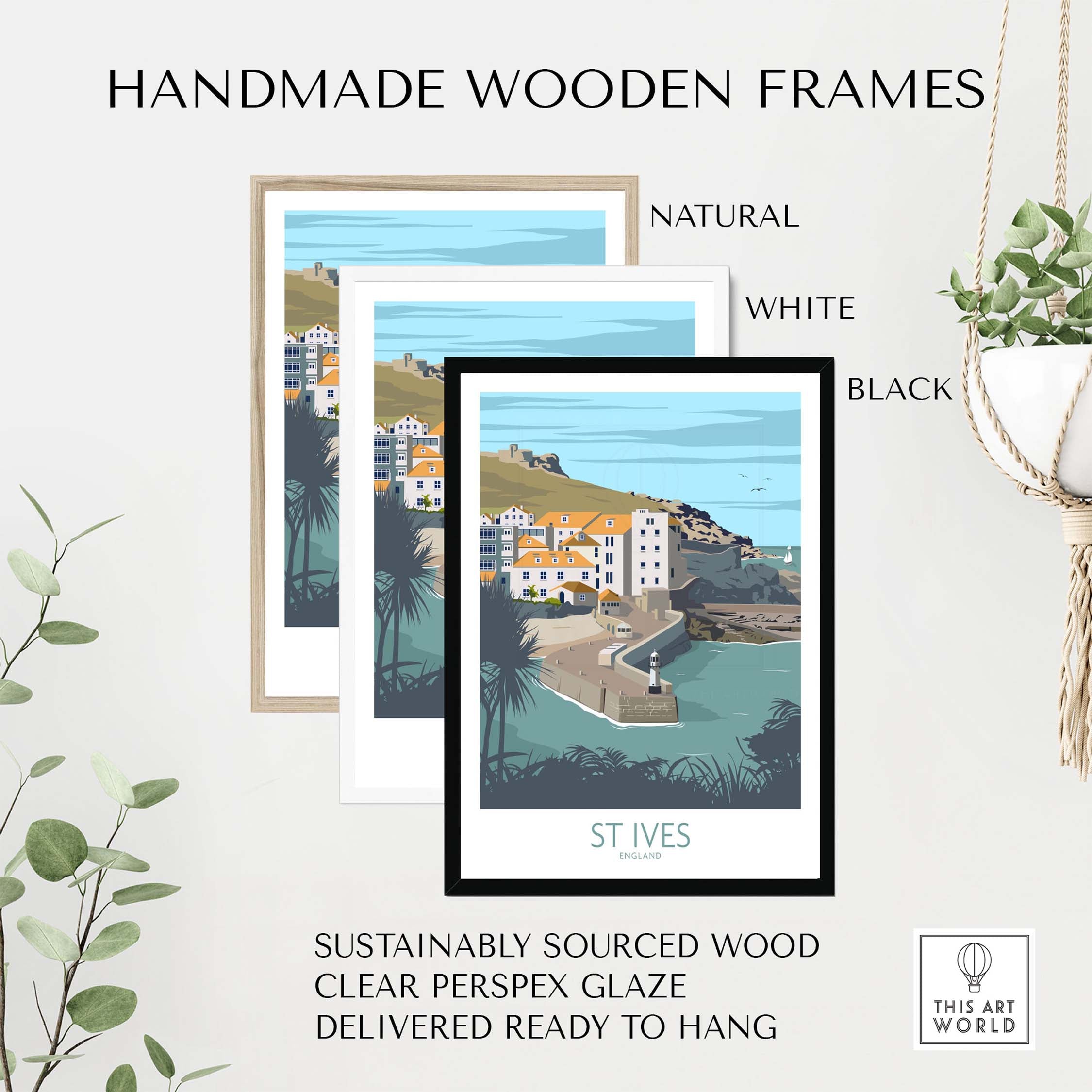 Handmade wooden frames for St Ives print in natural, white, and black options, designed for easy hanging.