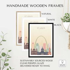 Handmade wooden frames for St Louis City Skyline Wall Art in natural, white, and black colors.