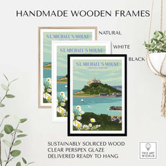 St Michael's Mount print in handmade wooden frames, featuring natural, white, and black options. Sustainable and stylish wall art.