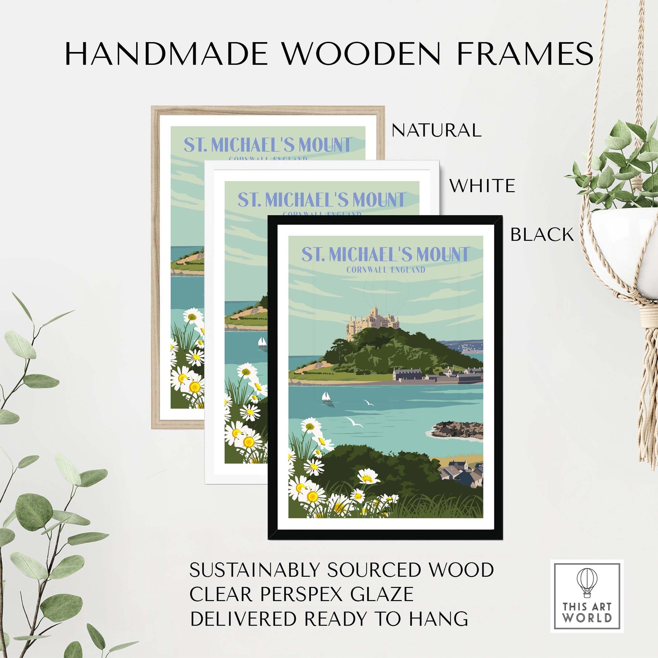 St Michael's Mount print in handmade wooden frames, featuring natural, white, and black options. Sustainable and stylish wall art.
