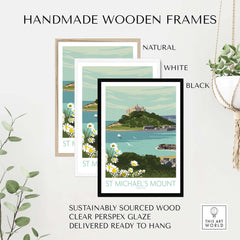 Handmade wooden frames in natural, white, and black for St Michael's Mount Cornwall print, sustainably sourced and ready to hang.