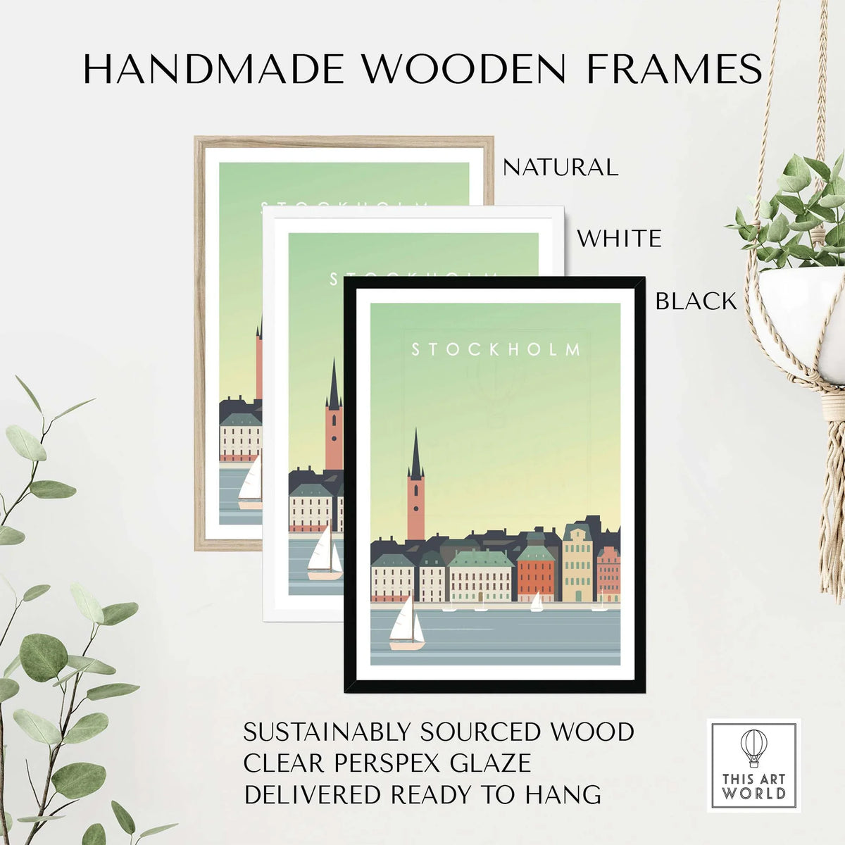Handmade wooden frames for Stockholm Print Wall Art, available in natural, white, and black finishes.