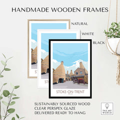 Handmade wooden frames in natural, white, and black for Stoke-on-Trent art prints, sustainably sourced and ready to hang.