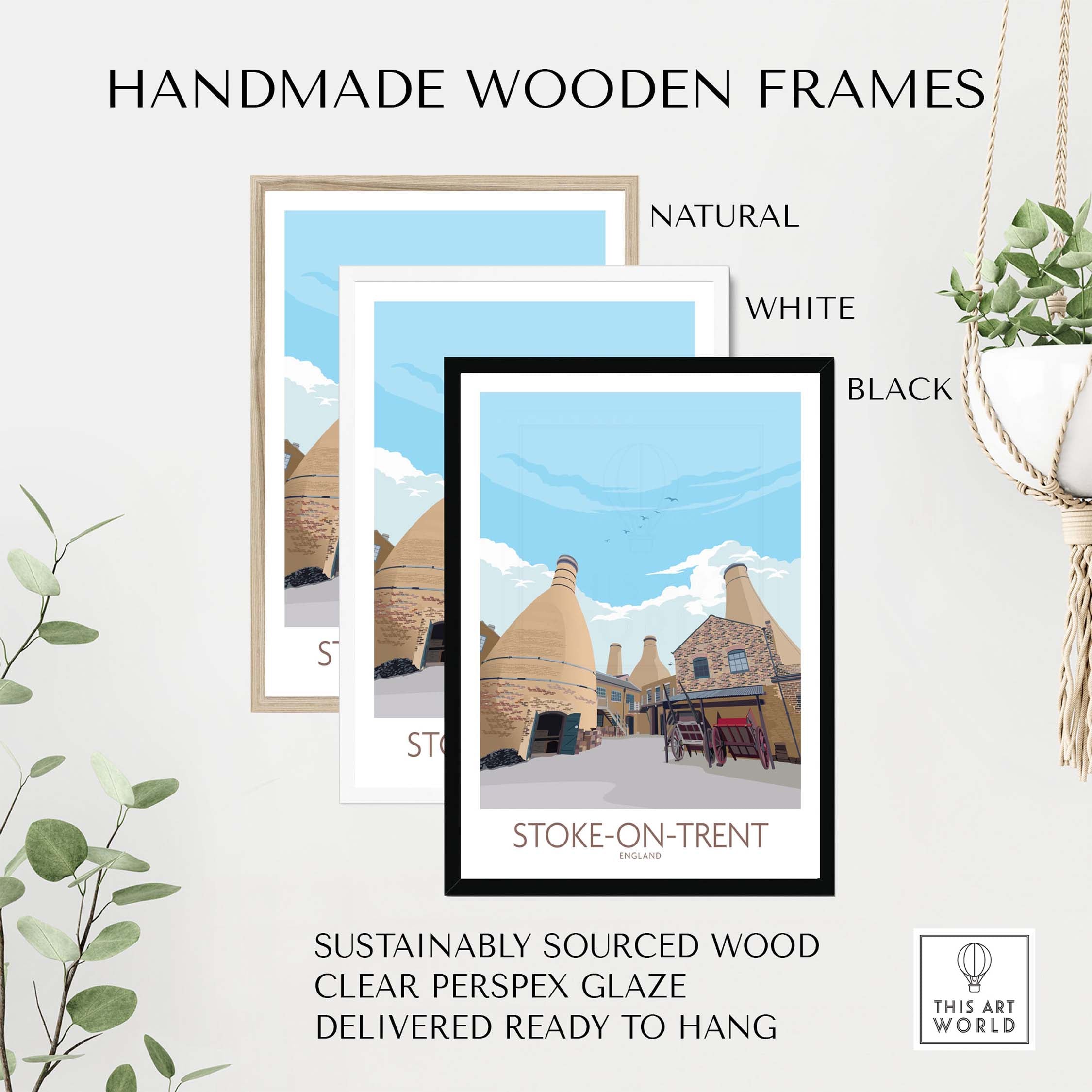 Handmade wooden frames in natural, white, and black for Stoke-on-Trent art prints, sustainably sourced and ready to hang.