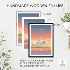 Handmade wooden frames in natural, white, and black for Sydney Wall Art Poster, sustainably sourced and ready to hang.