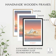 Handmade wooden frames for Sydney Australia wall art in natural, white, and black finishes, sustainably sourced and ready to hang.