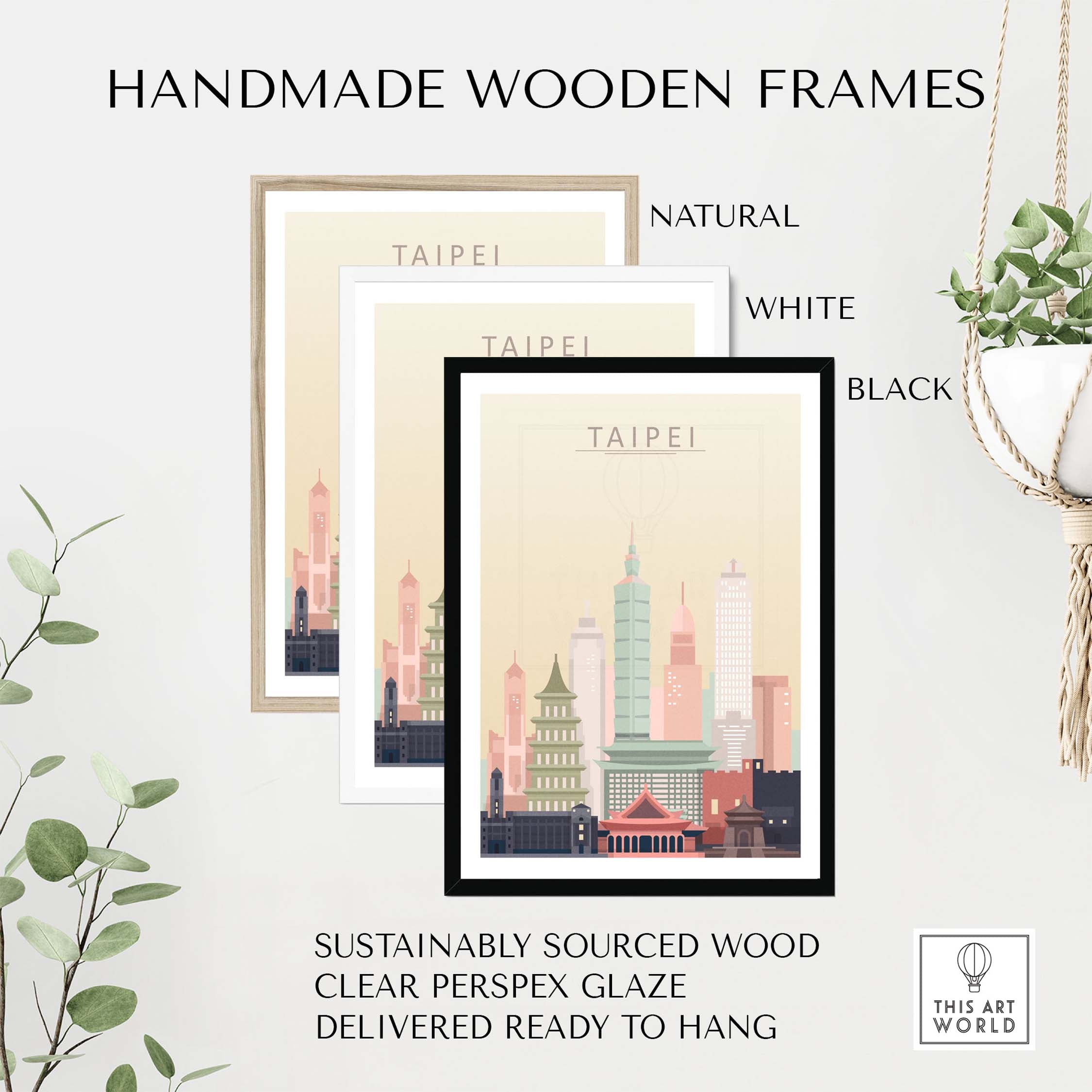 Handmade wooden frames in natural, white, and black for Taipei Skyline Print, sustainably sourced and ready to hang.