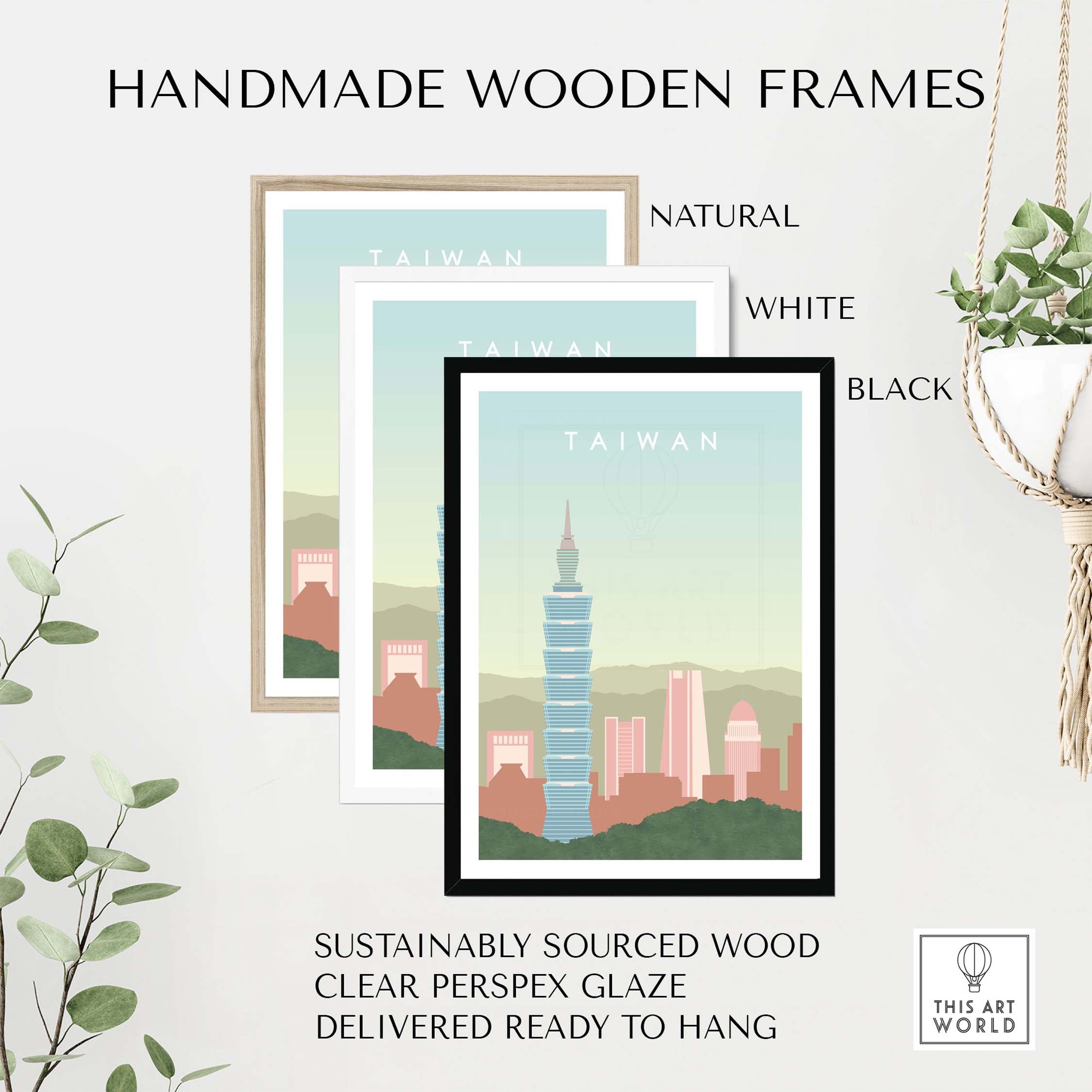 Handmade wooden frames for Taiwan poster print in natural, white, and black finishes, featuring sustainably sourced wood.
