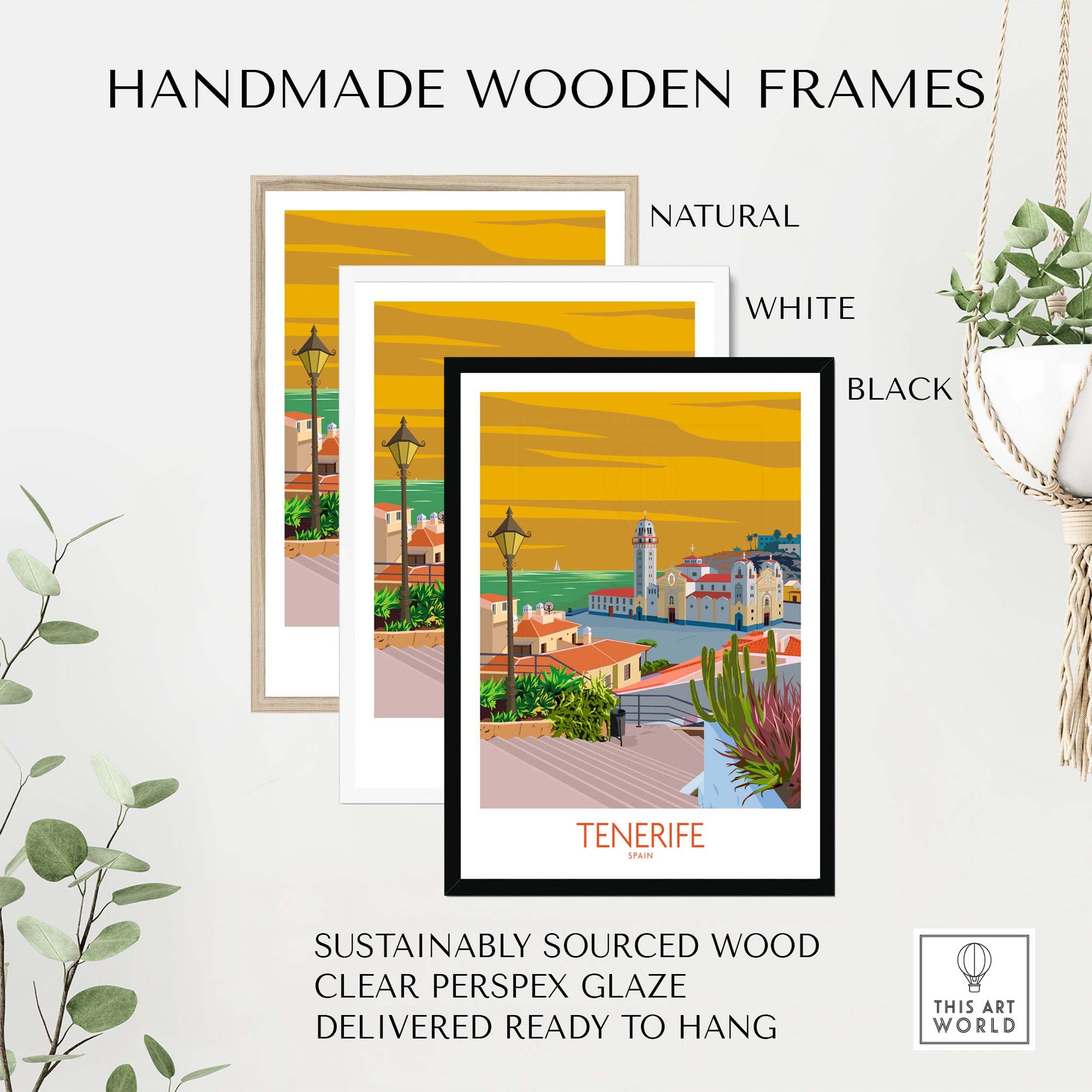 Handmade wooden frames for Tenerife poster, available in natural, white, and black, sustainably sourced and ready to hang.