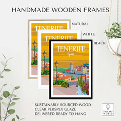 Handmade wooden frames for Tenerife poster print in natural, white, and black options, made from sustainably sourced wood.