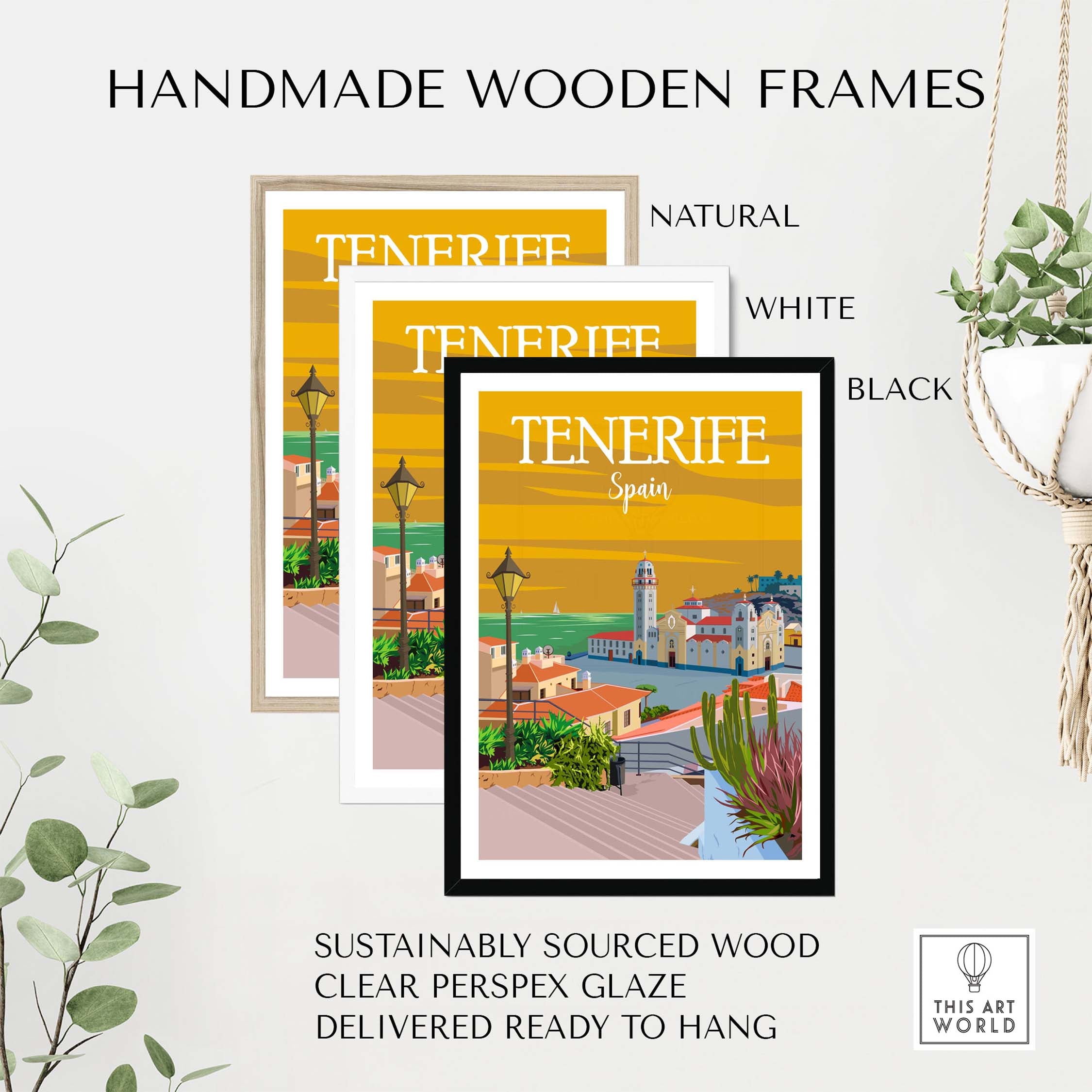 Handmade wooden frames for Tenerife poster print in natural, white, and black options, made from sustainably sourced wood.