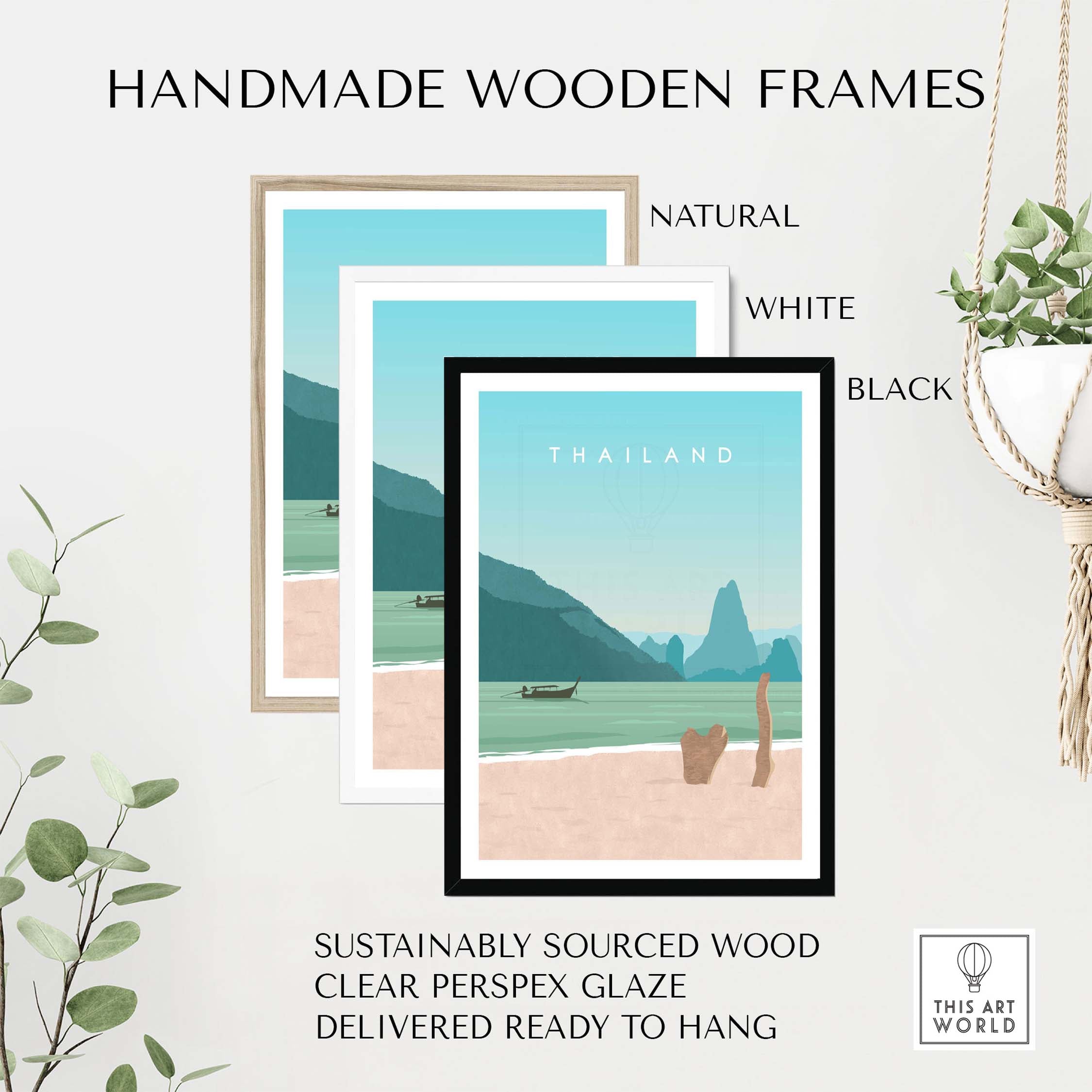 Three handmade wooden frames in natural, white, and black showcasing Thailand wall art poster.