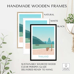 Handmade wooden frames in natural, white, and black for Thailand travel art poster with sustainable materials.