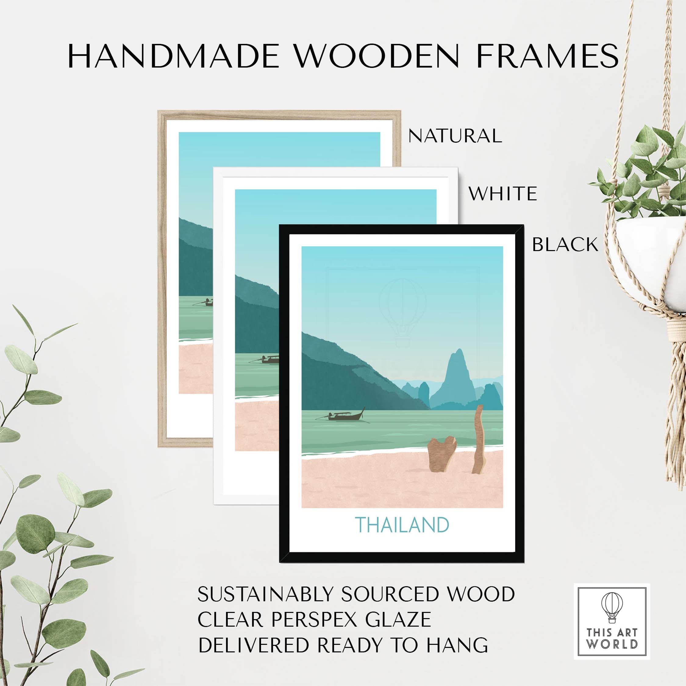 Handmade wooden frames in natural, white, and black for Thailand travel art poster with sustainable materials.