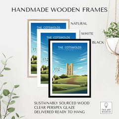 Handmade wooden frames for The Cotswolds Poster in natural, white, and black finishes, sustainably sourced and ready to hang.