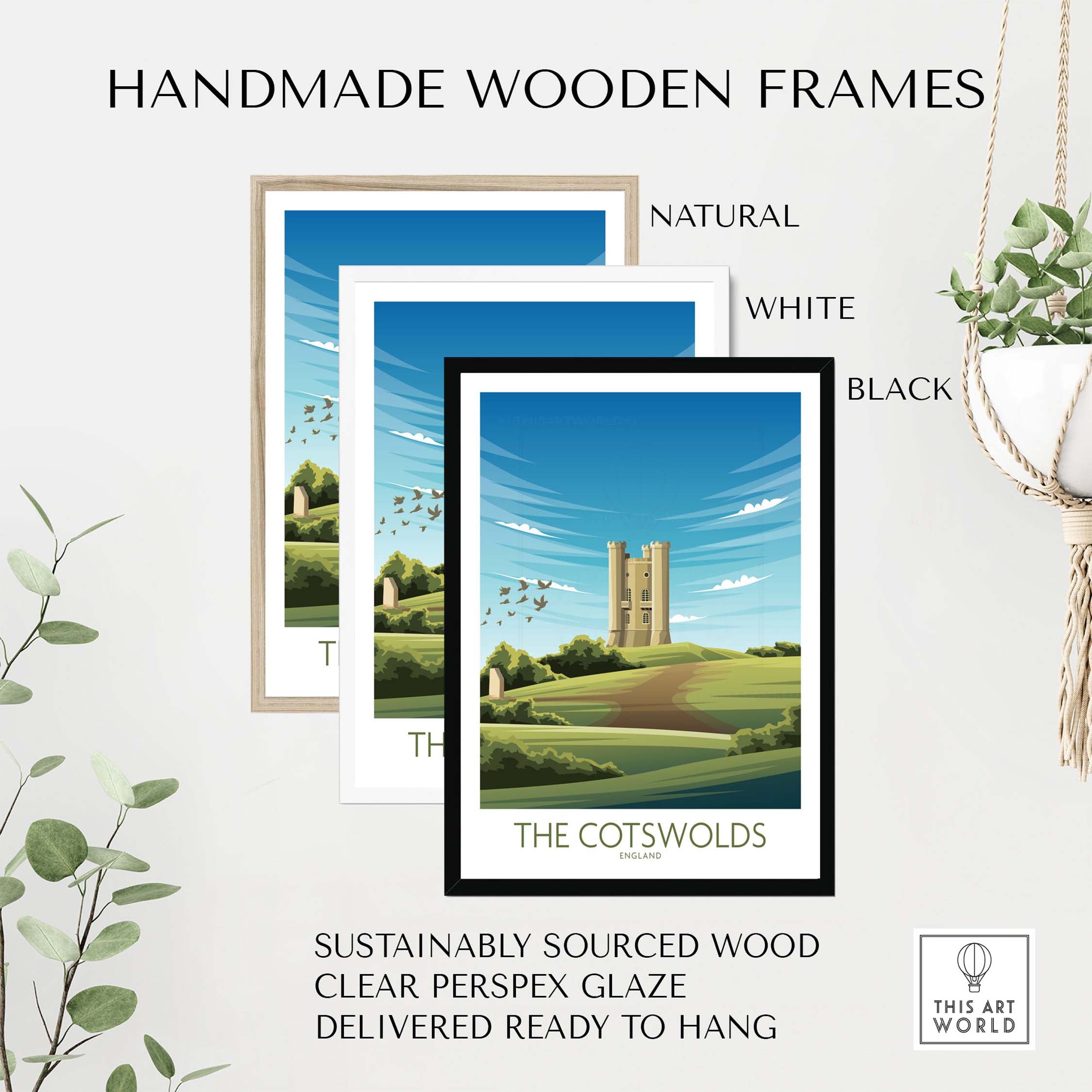 Handmade wooden frames for The Cotswolds Print in natural, white, and black options, made from sustainably sourced wood.
