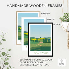 Handmade wooden frames in natural, white, and black styles showcasing The Cotswolds Print travel poster.