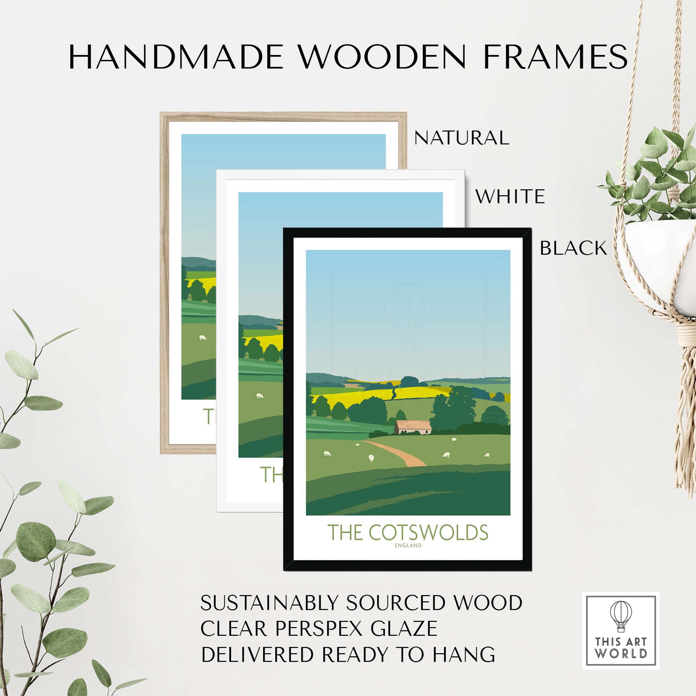 Handmade wooden frames in natural, white, and black styles showcasing The Cotswolds Print travel poster.