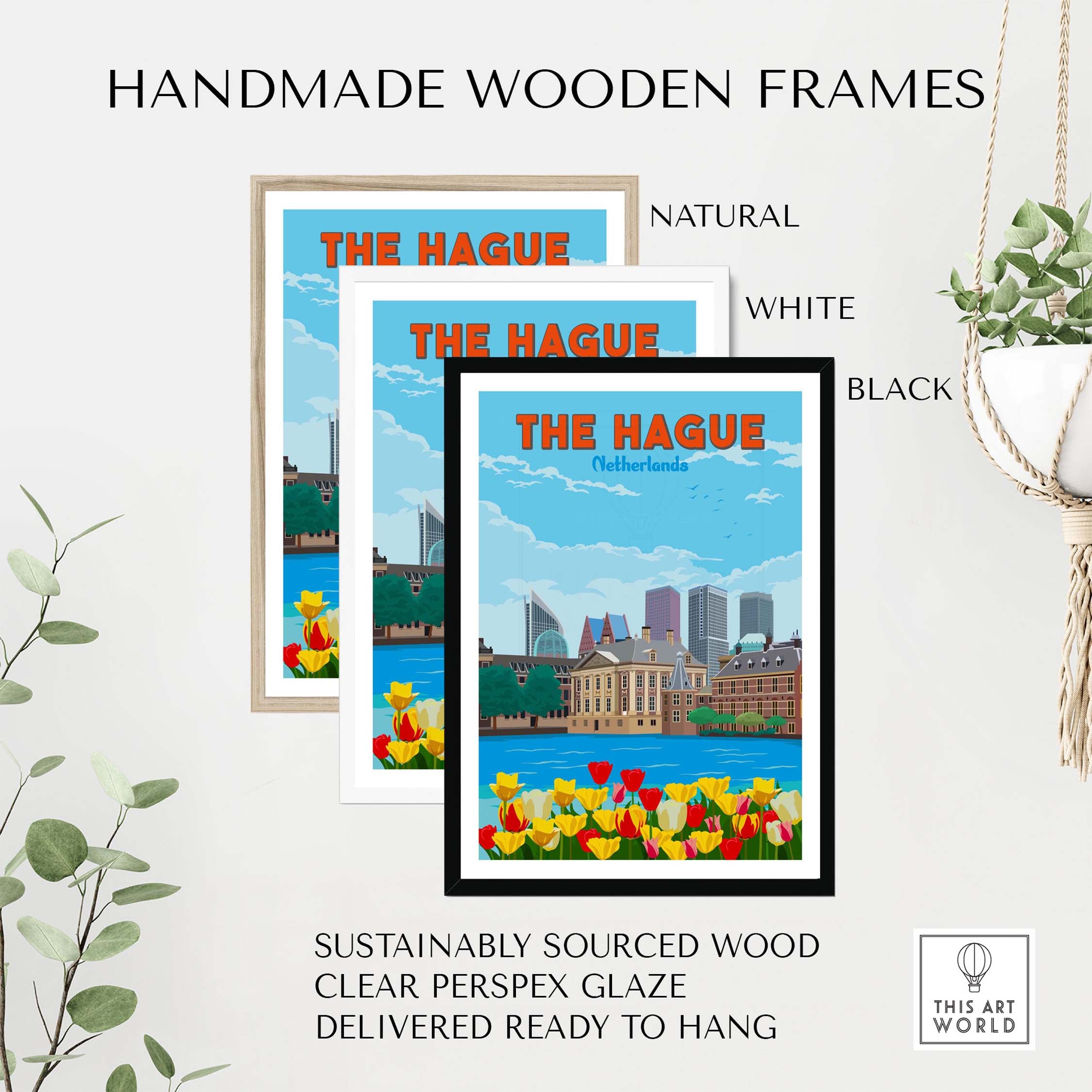 Handmade wooden frames in natural, white, and black for The Hague wall art featuring tulips by a canal.