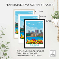 Handmade wooden frames in natural, white, and black for The Hague Netherlands poster art prints.
