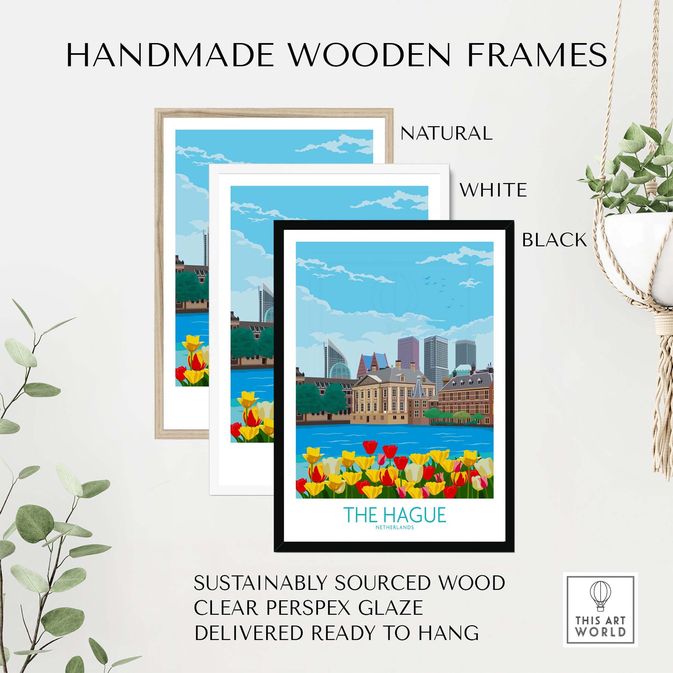 Handmade wooden frames in natural, white, and black for The Hague Netherlands poster art prints.