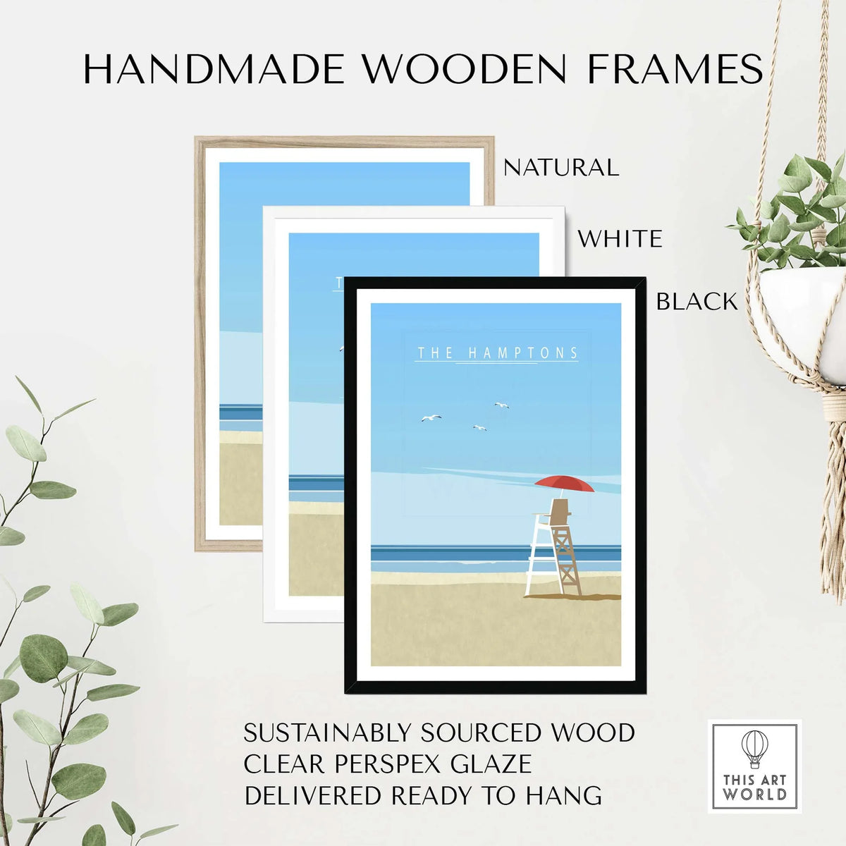 Handmade wooden frames for The Hamptons Print, featuring natural, white, and black options, sustainably sourced wood.