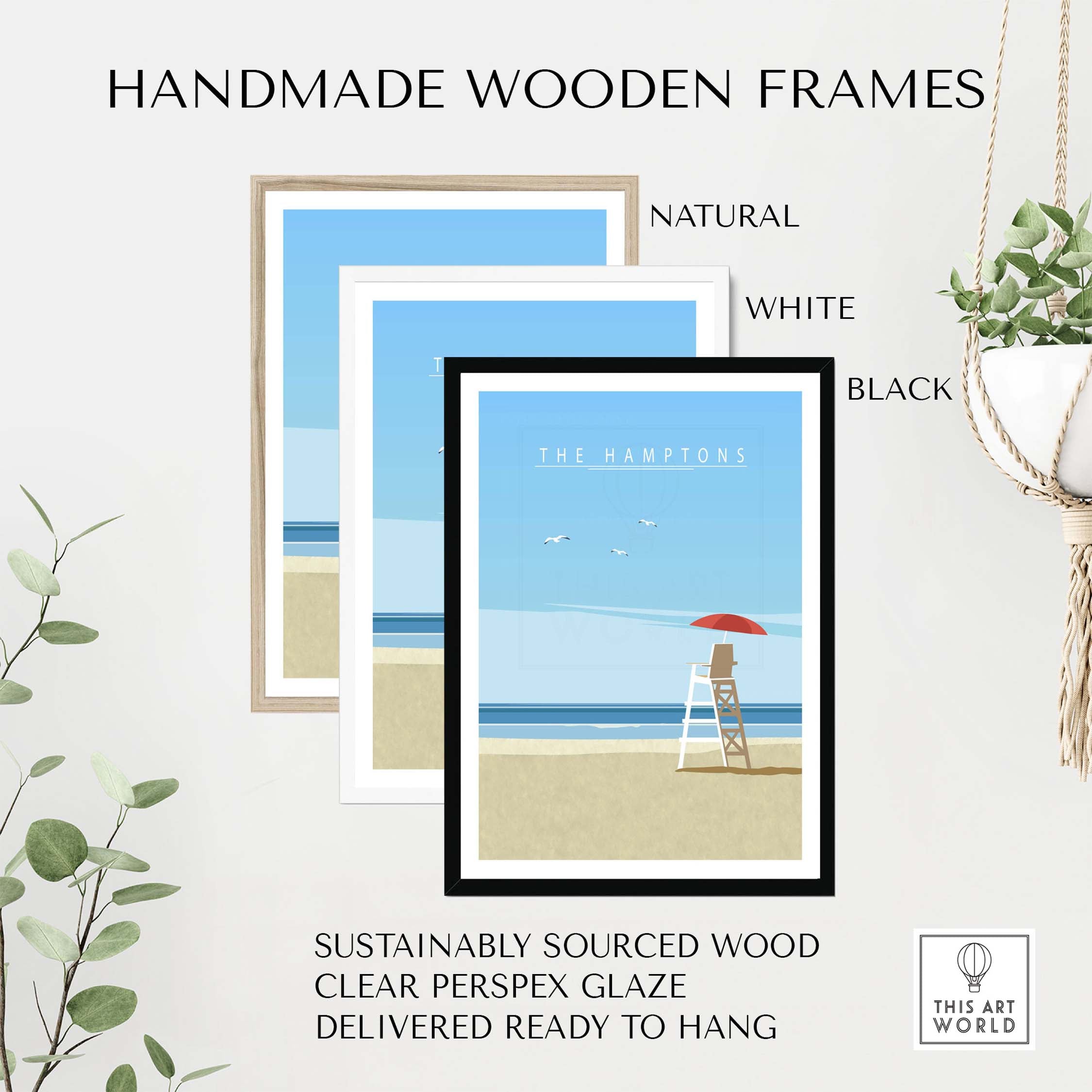 Handmade wooden frames for The Hamptons Print, featuring natural, white, and black options, sustainably sourced wood.