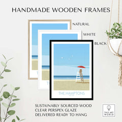 Handmade wooden frames for The Hamptons wall art in natural, white, and black finishes, sustainably sourced and ready to hang.