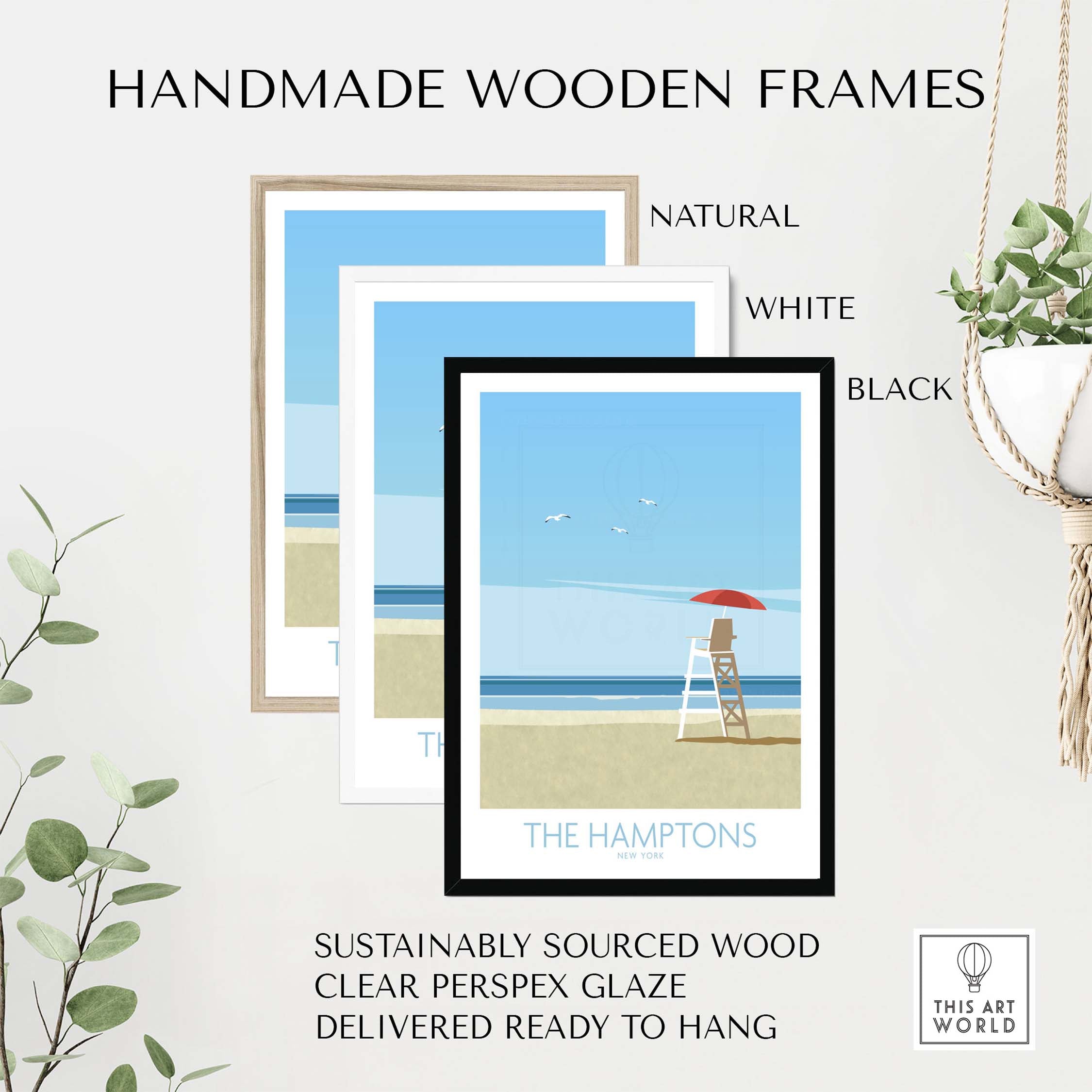 Handmade wooden frames for The Hamptons wall art in natural, white, and black finishes, sustainably sourced and ready to hang.