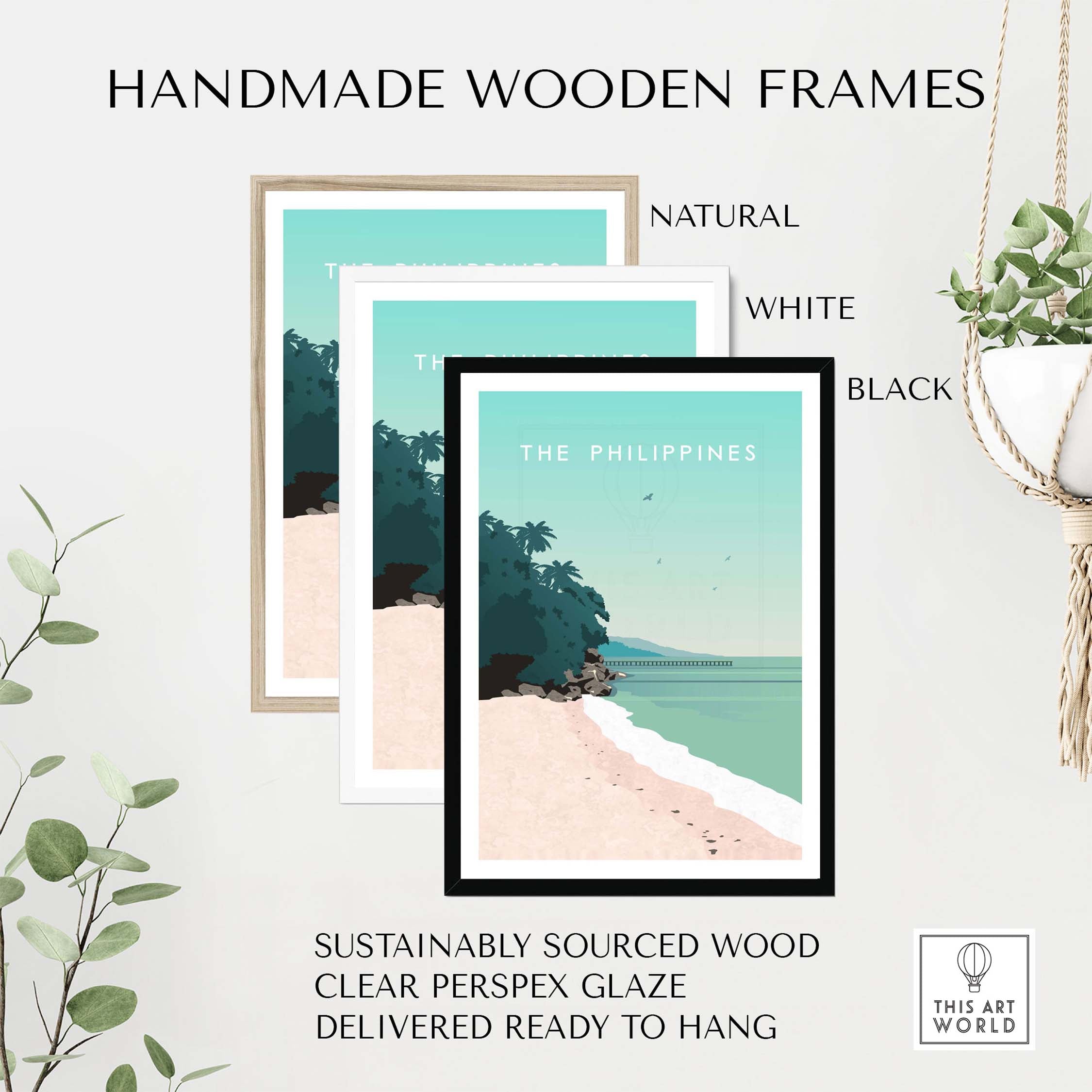 Handmade wooden frames for Philippines poster print art in natural, white, and black finishes, sustainably sourced wood.