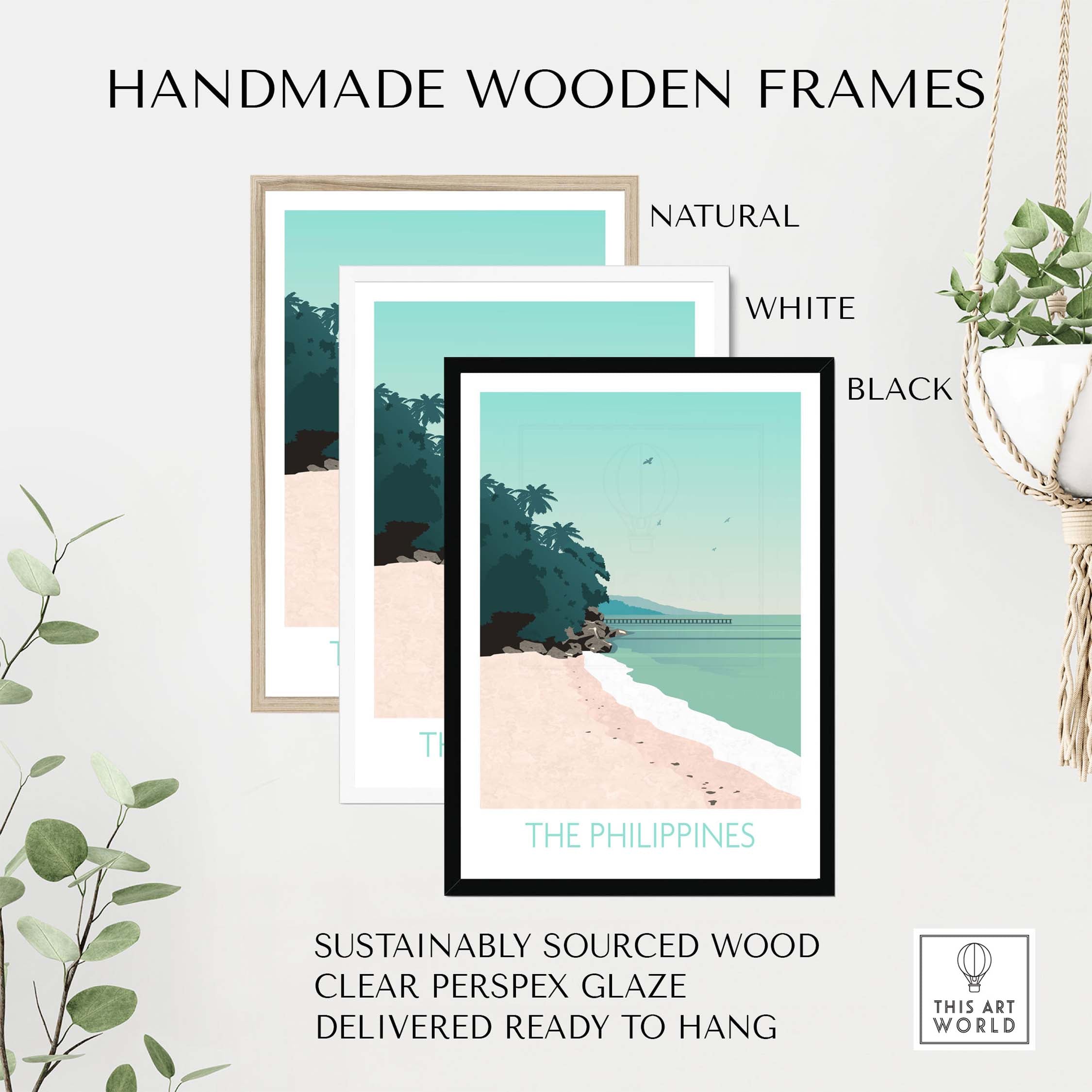 Handmade wooden frames in natural, white, and black for Philippines travel art prints, sustainably sourced and ready to hang.