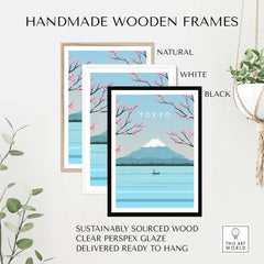 Handmade wooden frames for Tokyo Print Wall Art in natural, white, and black, featuring sustainable materials.