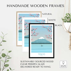 Tokyo poster displayed in handmade wooden frames: natural, white, and black, highlighting sustainable craftsmanship.