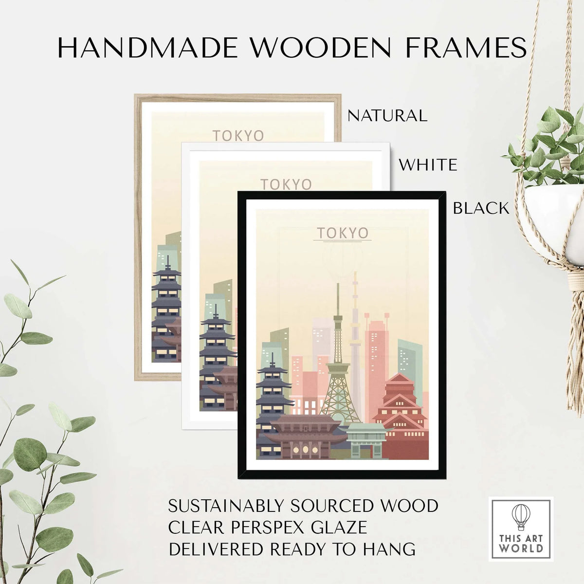 Handmade wooden frames for Tokyo Skyline Poster in natural, white, and black finishes, ready to hang.
