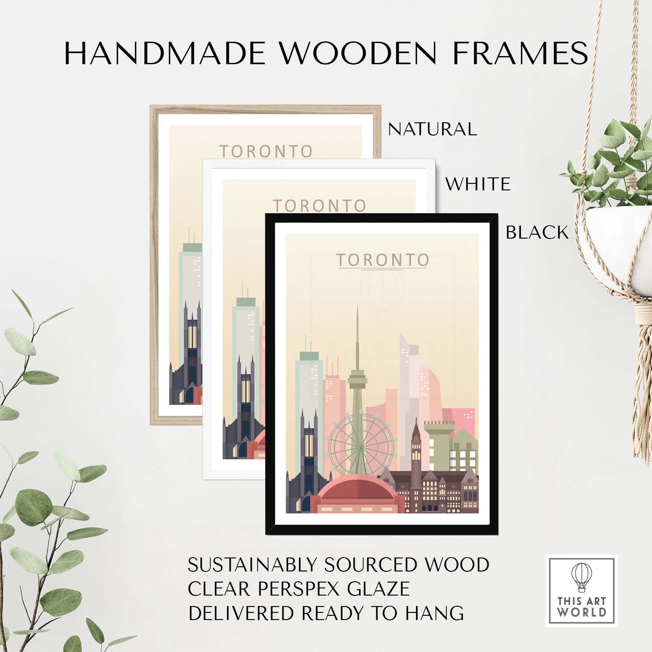 Handmade wooden frames in natural, white, and black colors for Toronto Skyline Print, sustainably sourced and ready to hang.