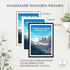 Handmade wooden frames in natural, white, and black for Torres del Paine travel print, sustainably sourced and ready to hang.