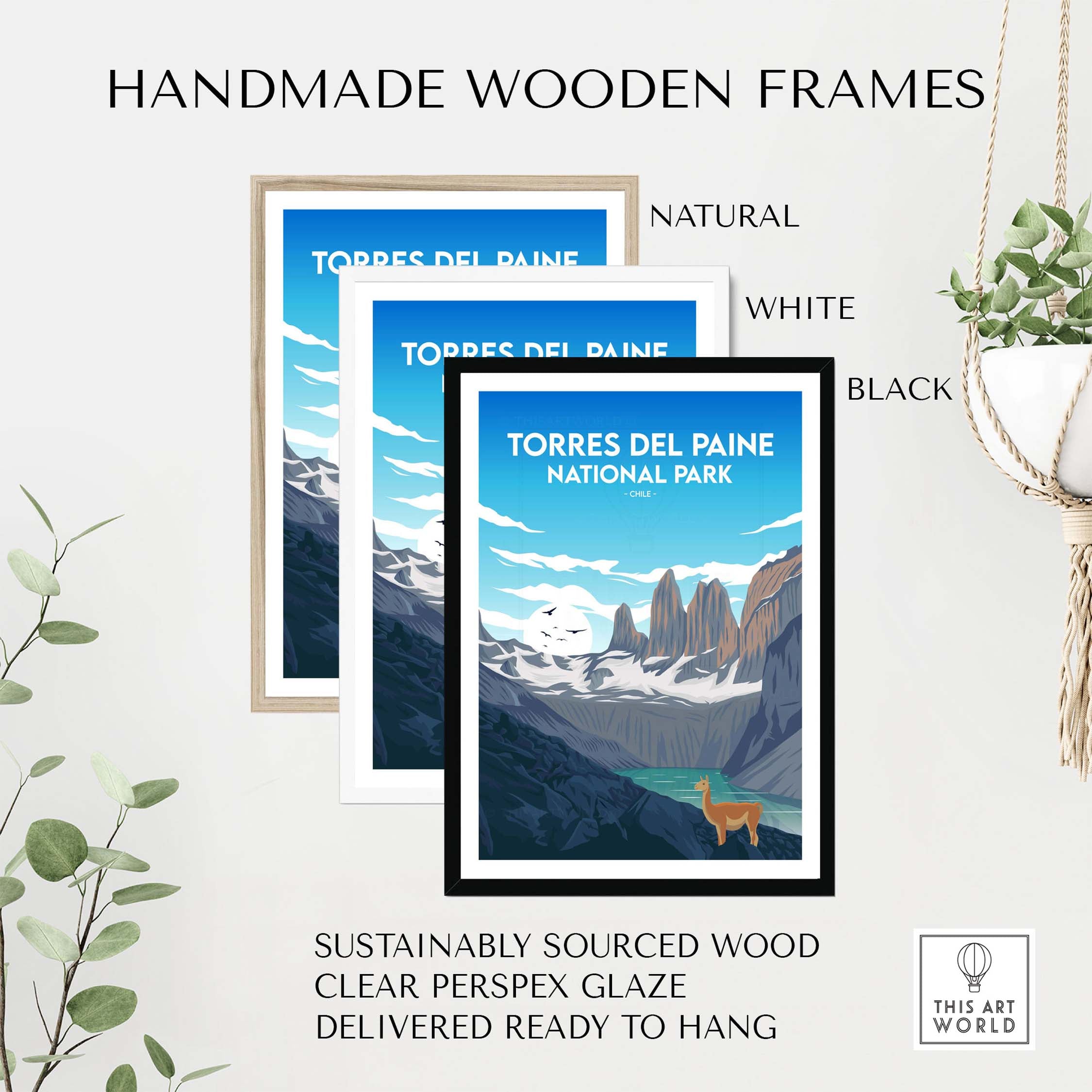 Handmade wooden frames in natural, white, and black for Torres del Paine travel print, sustainably sourced and ready to hang.